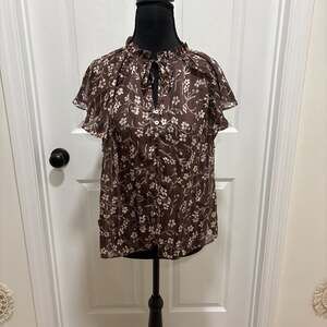 H&M Brown Floral Sheer Flutter Sleeve Blouse